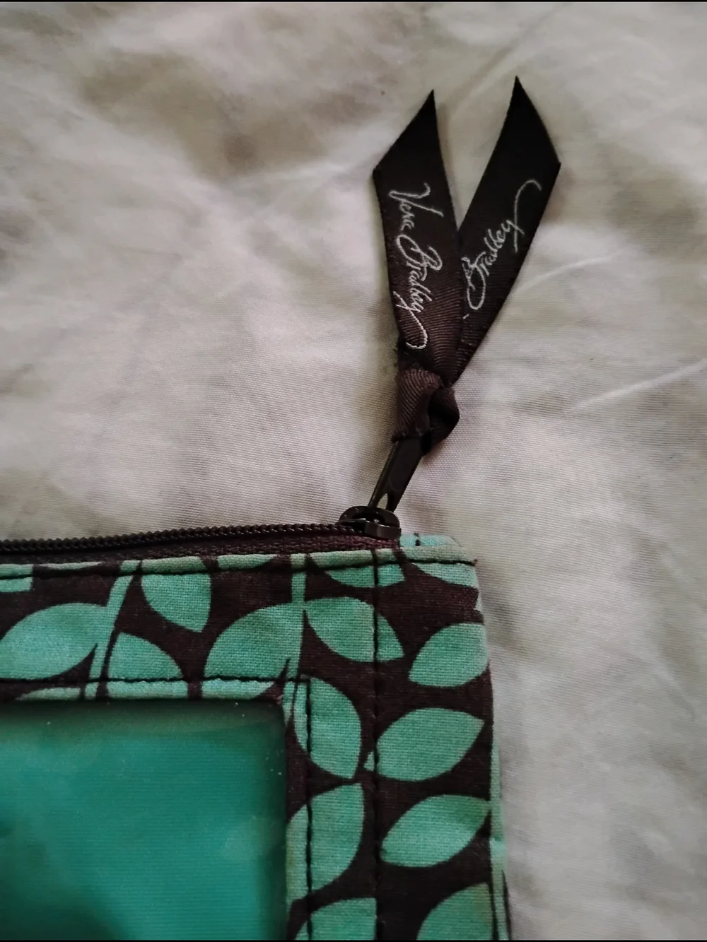 Vera Bradley Teal and Black Leaf Print ID Wallet with Ribbon Pull - Picture 4 of 4